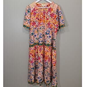 Umgee Mixed Floral Tiered Midi Dress Flowy Breezy Bohemian Bold Color - Size S